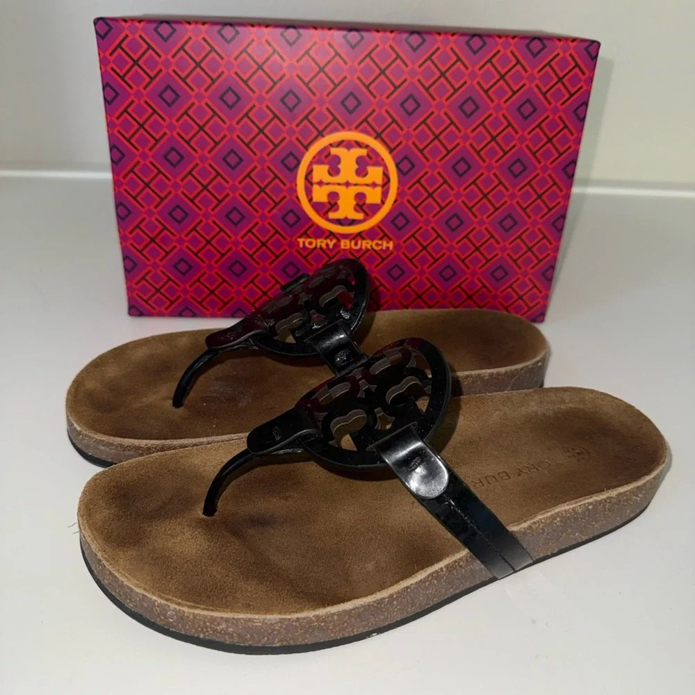 Tory Burch Women's Miller Cloud Sandals Black Patent Leather Natural Size 8